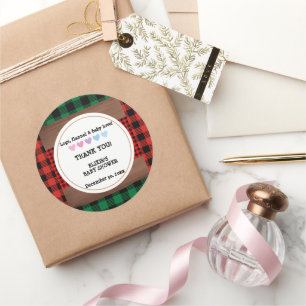 Sticker Rond Logs Flannel Rustic Plaid Hearts Baby shower