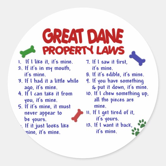 STICKER ROND LOI SUR LES BIENS DE GRANDE DANE 2 (Devant)