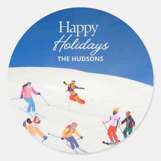 Sticker Rond Loisirs branchés Happy Holidays Station de ski (Devant)