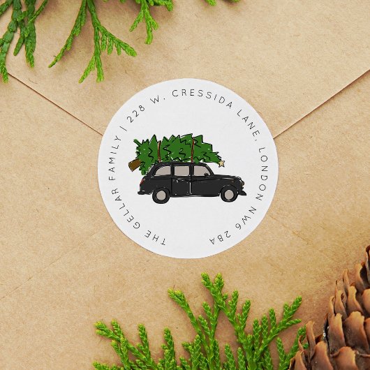 Sticker Rond London Black Cab Christmas Tree Adresse de taxi