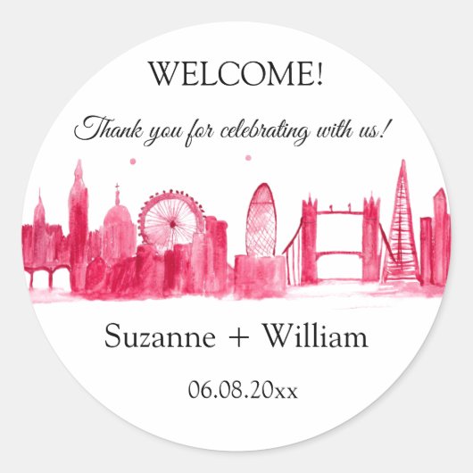 Sticker Rond Londres Angleterre skyline Pink Favors Mariage (Devant)
