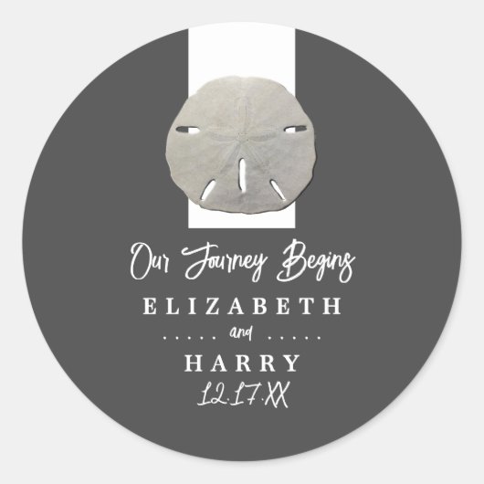 Sticker Rond Lone Sand Dollar - Charcoal Grey - Beach Wedding (Devant)
