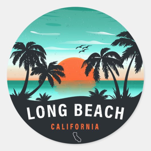 Sticker Rond Long Beach California Retro Sunset Souvenirs 80s (Devant)