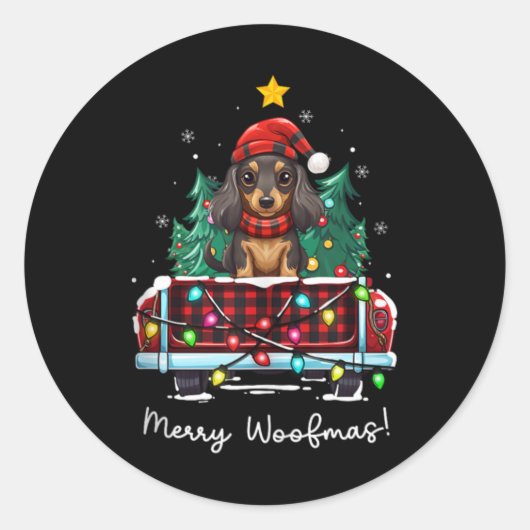 Sticker Rond Long Haired Dachshund Christmas Dog Truck Plaid Fu (Devant)