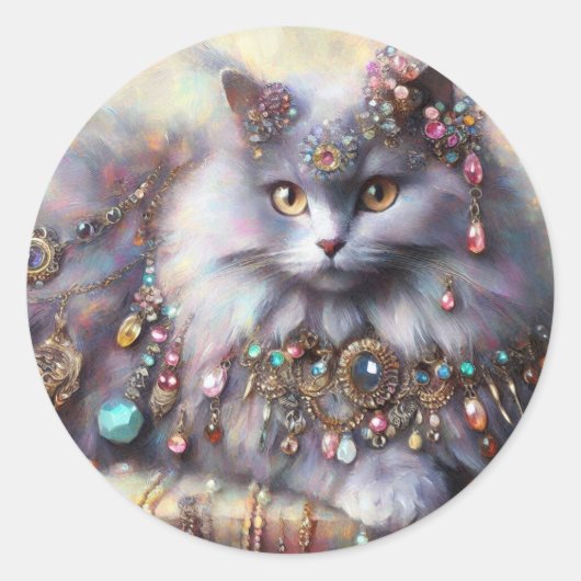 Sticker Rond Longue Cheveux Gris Nebelung Chat Kitty Bijoux Bij (Devant)