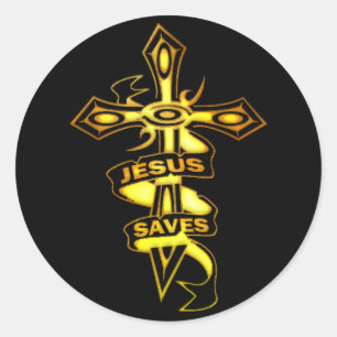 STICKER ROND L'OR JÉSUS SAUVE LA CROIX