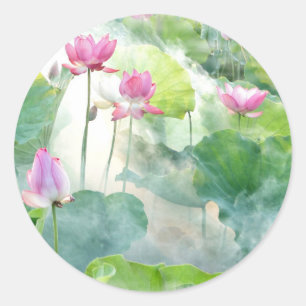 Sticker Rond Lotus Summer, vivace aquatique rose pastel