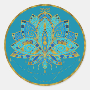 Sticker Rond Lotus Turquoise bleu aux accents dorés