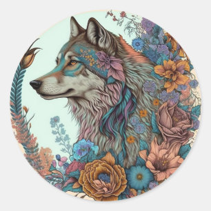 Sticker Rond Loup Coloré Avec Fleurs