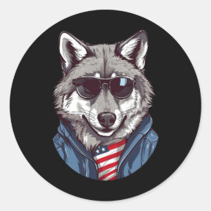 Sticker Rond Loup Gris avec drapeau américain patriotique