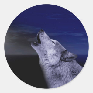 Sticker Rond Loup hurlant sur la lune dans la mer