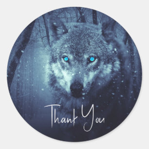 Sticker Rond Loup sauvage avec de beaux yeux bleus Merci