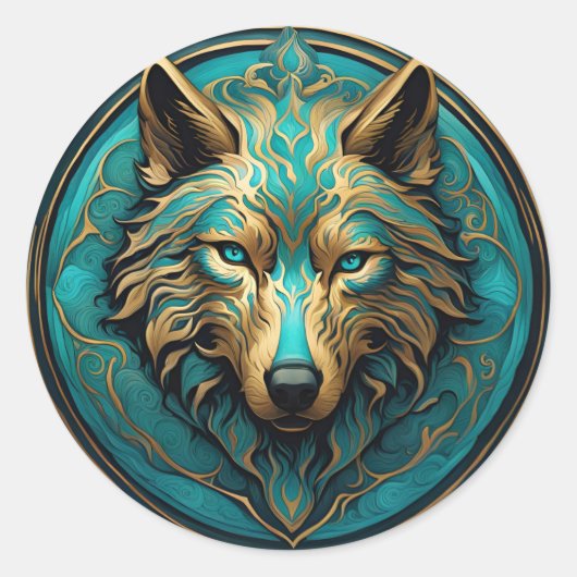 Sticker Rond Loup Turquoise et Or (Devant)