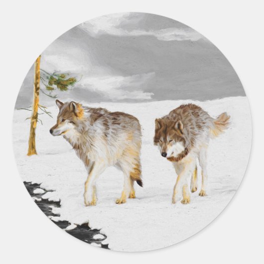 Sticker Rond Loups en peinture sur neige - Art original de la f (Devant)
