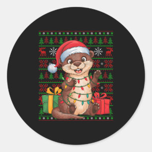 Sticker Rond Loutre Xmas Lumières Chapeau de Père Noël Laid Lou