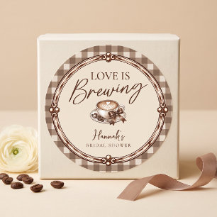 Sticker Rond Love Is Brewing Gingham Coffee Enterrement de Mari