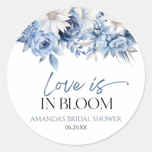 Sticker Rond Love Is In Bloom Dusty Blue Floral Mariage (Devant)