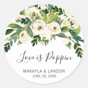 Sticker Rond Love Is Poppin Élégant Faveur de Mariage Floral Bl