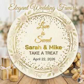 Sticker Rond Love Is Sweet Gold Floral Wedding Favor 