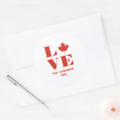 Sticker Rond Love Maple Leaf Fun Canadian Custom Text Rouge Bla (Enveloppe)