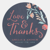 Sticker Rond Love & Merci Bluish Chalkboard Floral Mariage (Devant)