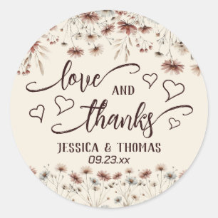 Sticker Rond Love & Merci Boho Fleurs sauvages Mariage Earthton