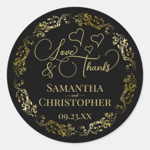 Sticker Rond Love & Merci Elegant Black & Gold Mariage