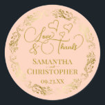 Sticker Rond Love & Merci Elegant Blush Peach & Gold Mariage<br><div class="desc">Ces beaux autocollants couleur pêche sont conçus pour être utilisés comme étiquettes de faveur de mariage, ou comme scellés d'enveloppe pour vos cartes de remerciement de mariage. L'élégant design comporte une bordure dorée en dentelle ornée avec des lettres de script fantaisie "Amour & Merci!" Il y a des coeurs romantiques...</div>