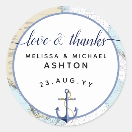 Sticker Rond Love & Merci Mariage de graphique nautique | #Flor (Devant)