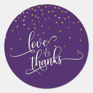 Sticker Rond Love & Merci Script Gold Confetti et foncé violet