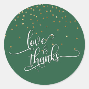 Sticker Rond Love & Merci Script, Gold Confetti et Leaf Green