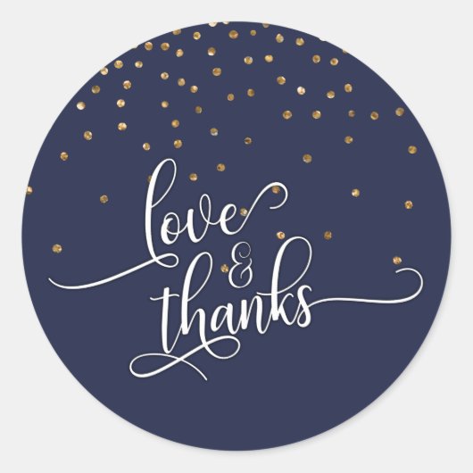 Sticker Rond Love & Merci Script, Gold Confetti et Navy Blue (Devant)