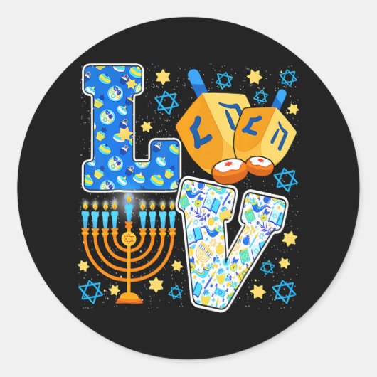 Sticker Rond LOVE Mignonne Hanoukka Décorations Dreidel Menorah (Devant)