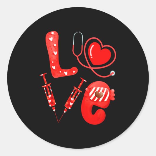 Sticker Rond Love Nurse Stethoscope Syringe Happy Valentines D  (Devant)