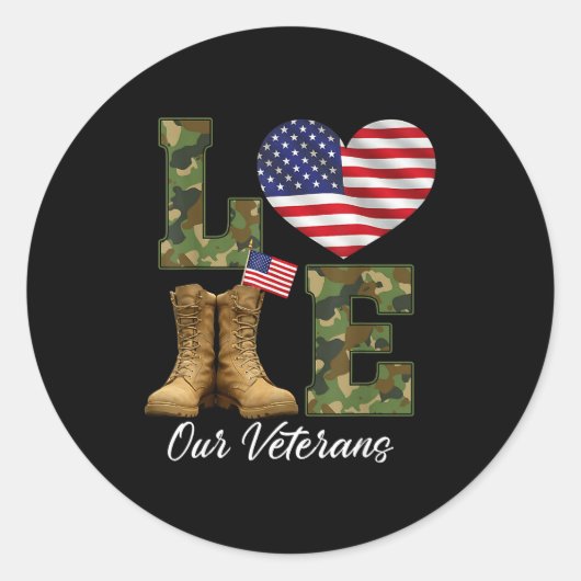 Sticker Rond Love Our Veterans Day Proud Military American Flag (Devant)