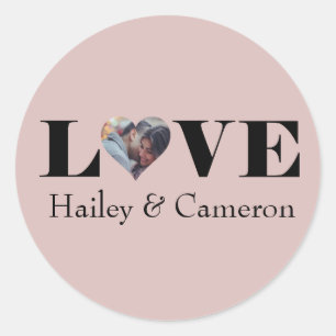 Sticker Rond LOVE Photo personnalisée sur Dusty Pink