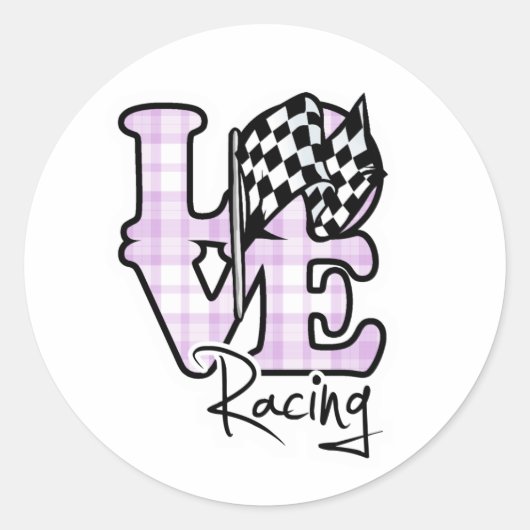 Sticker Rond Love Racing ; drapeau À damiers (Devant)