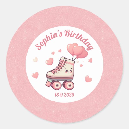 Sticker Rond Love Roller Skating Pink Girl's Birthday Party (Devant)