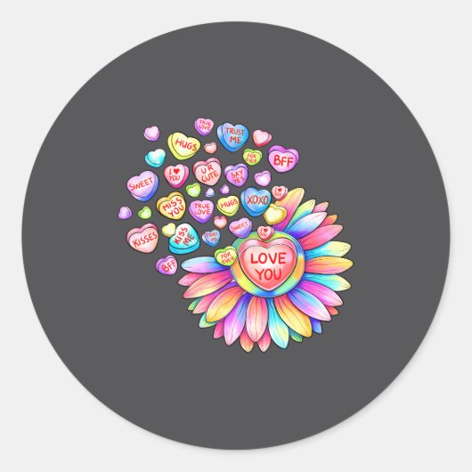 Sticker Rond Love Sunflower Hearts Candy Valentines Day Womens  (Devant)