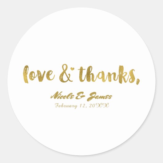 Sticker Rond Love & Thanks Gold Modern Chic Wedding Favoriser (Devant)