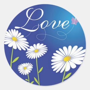Sticker Rond Love White Daisies Fleurs & Blue Butterfly