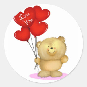 Sticker Rond Love You Teddy Bear tenant des ballons du coeur