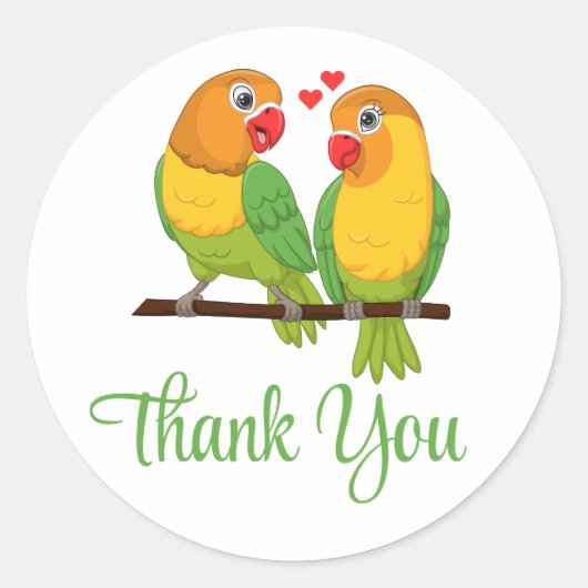 Sticker Rond Lovebird Jaune Vert Inséparables Mariage Merci (Devant)