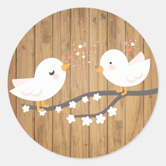 Sticker Rond Lovebirds blancs rustiques Brown Mariage bois (Devant)