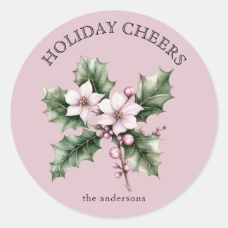 Sticker Rond Lovey Pink Poinsettia Flowers Holiday Cheers