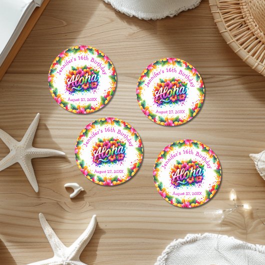Sticker Rond Luau d'anniversaire Tropical Aloha