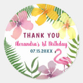 Sticker Rond Luau Flamant rose rose 1er anniversaire Merci (Devant)