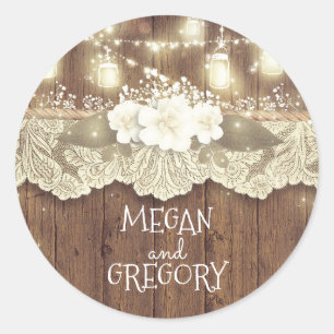 Sticker Rond Lucioles de bois rustique Mason Jars Mariage de gr