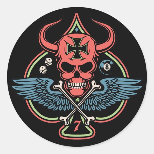 Sticker Rond Lucky ailé Maltais diable crâne de pique (Devant)
