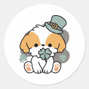 Sticker Rond Lucky Pup with Clover - St. Patrick's Day Cadeau